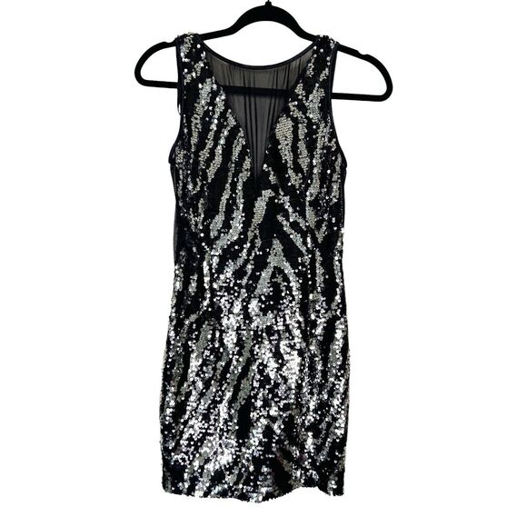 Steppin' Out Dresses & Skirts - VTG Steppin Out Deep V Mesh Sequin Stretchy Mini Dress NWT Sz 3/4 Zebra